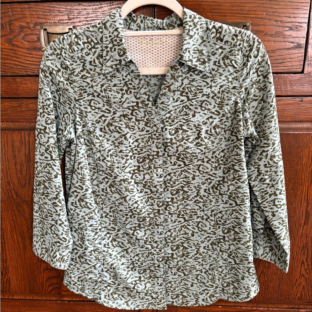 Royal Robbins Green Blue Button Down Shirt 3/4 Sleeve Fitted